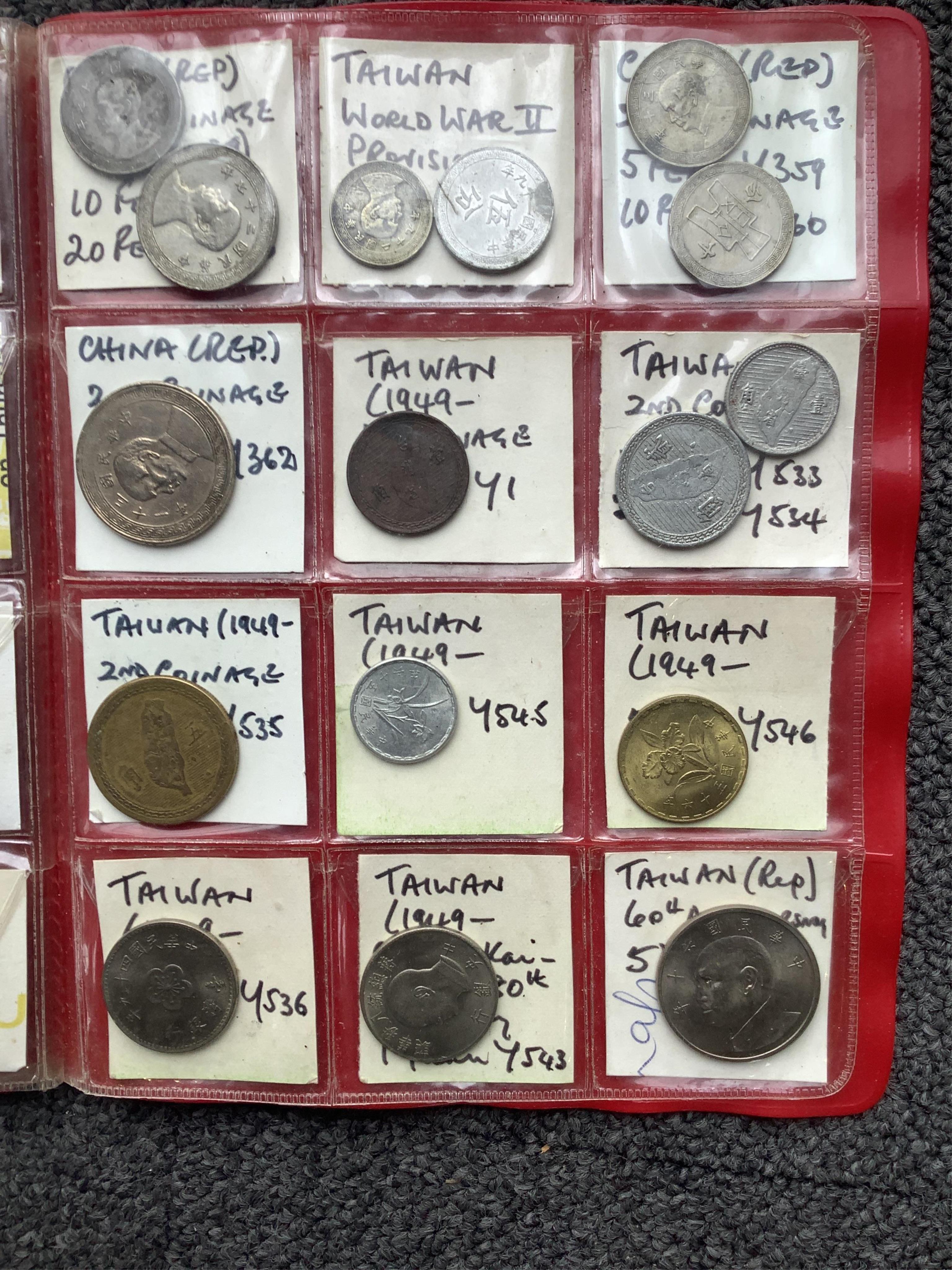 China coins, Qing to Republic period and Taiwan coins, in a small album, including China Empire and Republic period 10 cash, 20 cents, 10 cents, 50 Fen Guangxu restrike, Y#257, etc.